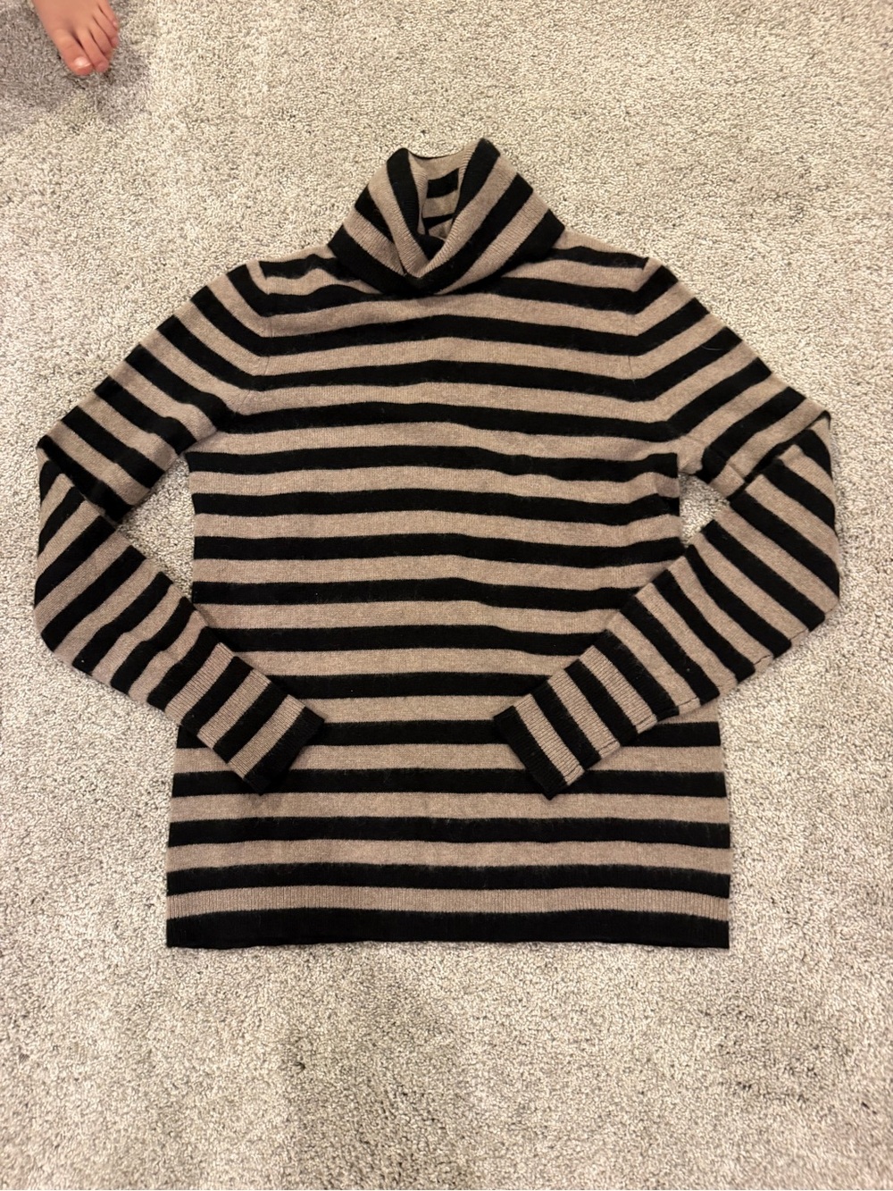 White + Warren Black and Tan Striped Turtleneck cashmere Sweater